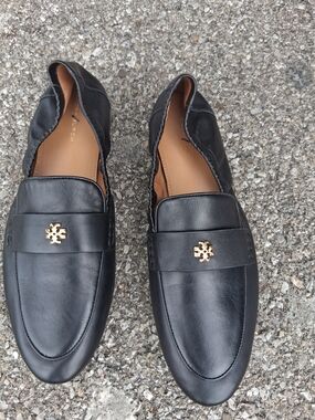 Tory Burch Black Leather Flats with Gold Logo Accent